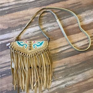 Vintage Wrangler Leather Crossbody Fringe Native American Teal Purse